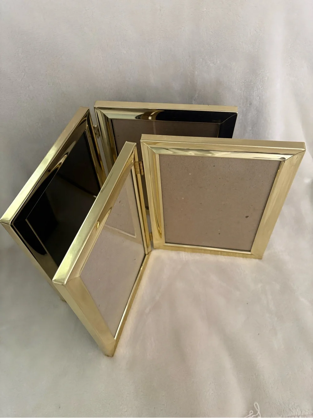 Two Vintage 5 x7 Shiny Brass Gold Tone Hinged Double Folding Photo Pic Frames